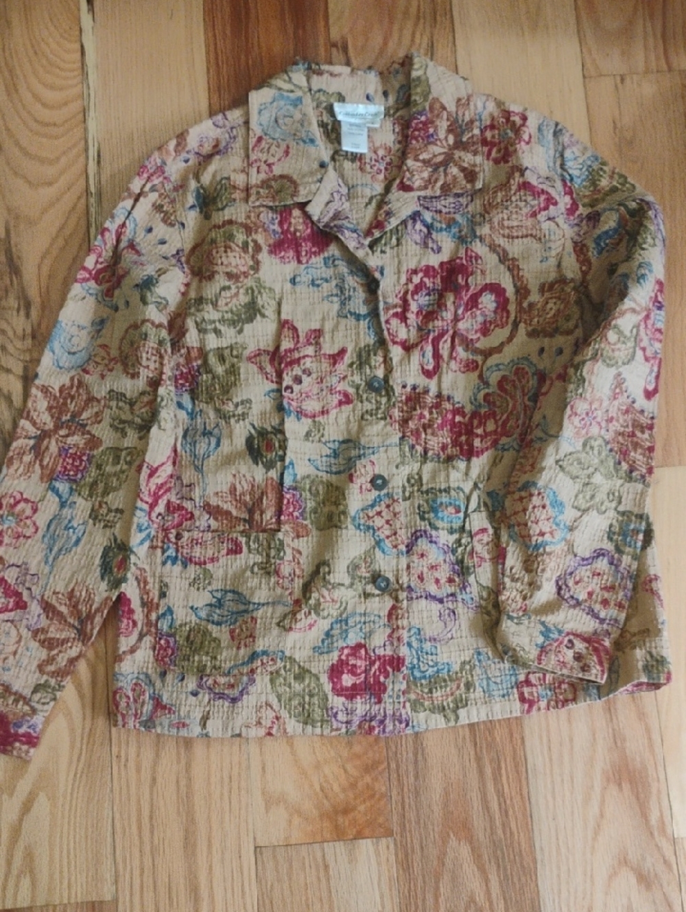 Coldwater Creek Beige Floral Shirt Jacket with Pink & Green Accents, Size Large